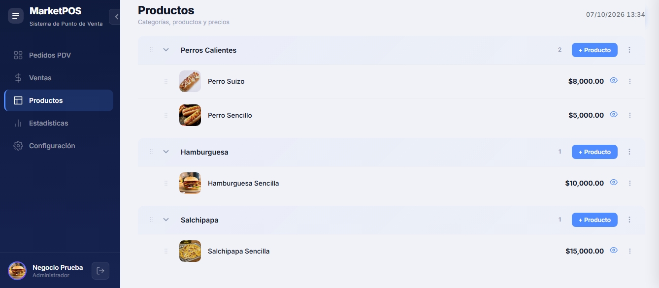 Catálogo de productos, categorías y precios
